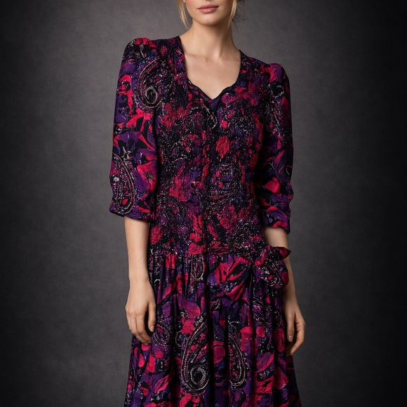 Dresses & Skirts - Vintage 1990s Paisley Drop Waist Midi Dress Purple Pink Bow Detail Boho